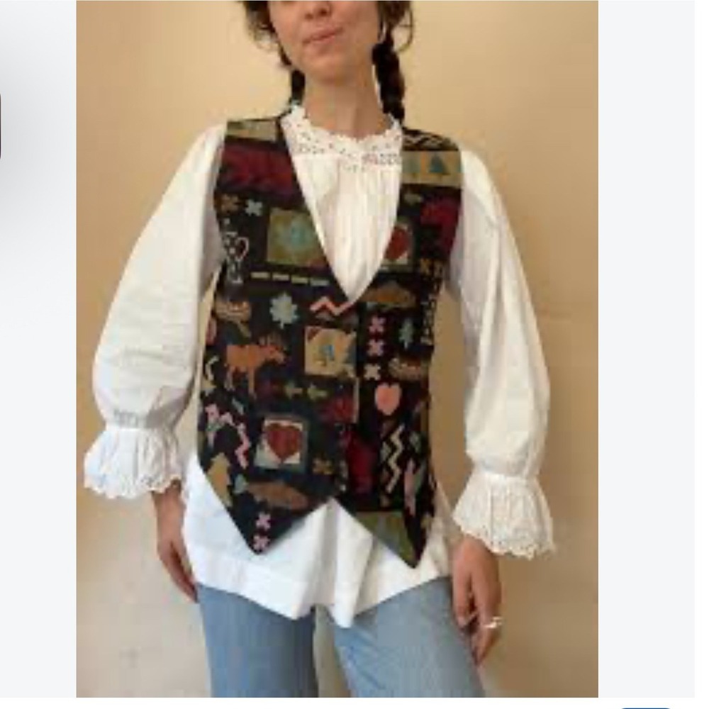Vintage Womens Tapestry Vest M Black Moose Bear Fish Cabincore Fall Fisherman